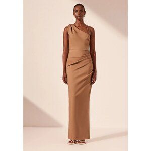 NWT Shona Joy Lani Asymmetrical Gathered Maxi Dress in Cinnamon